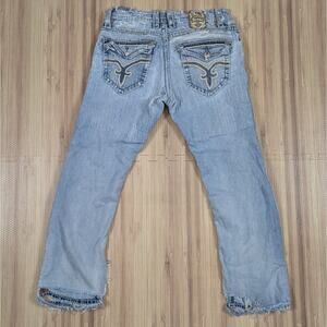 Rock Revival Men's Jeans Size 32x29 1/2 Sawyer Straight Distressed Patched Y2K
